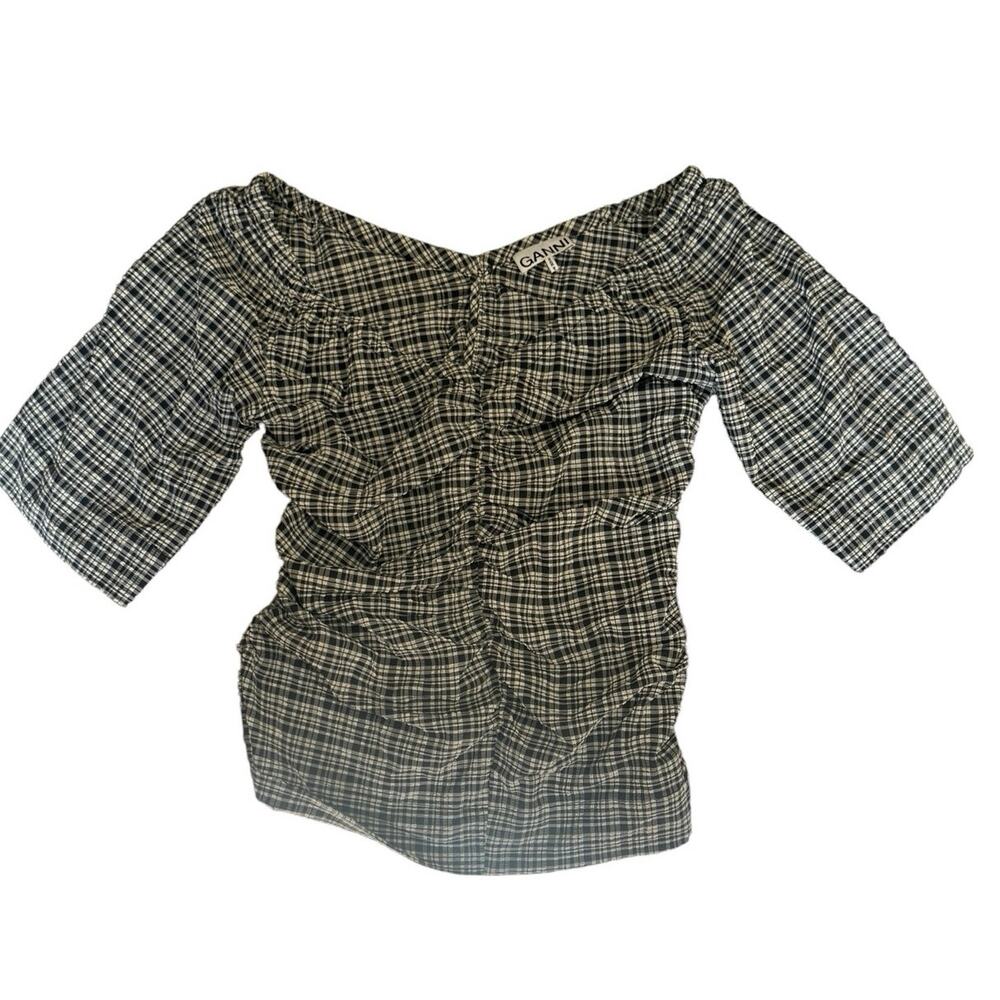 Ganni V-Neck Ruched Checked Seersucker Blouse - Size 40 (Large)